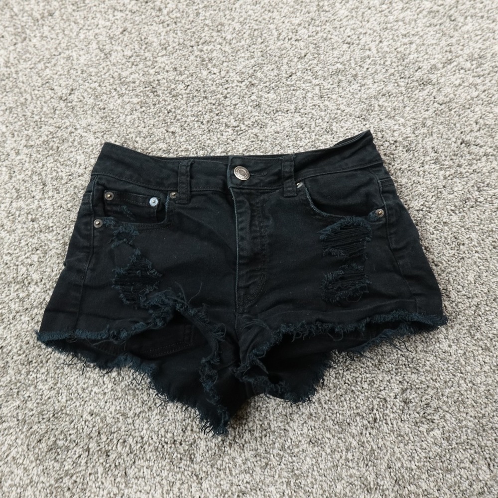 American Eagle Shorts Womens 2 Black Denim Jean Cutoffs Hi Rise Festival Micro